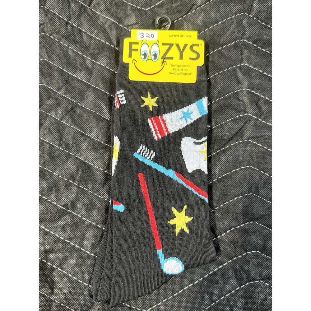 Foozys Dental Socks Men 10-13 Black NWT Toothbrush Toothpaste Novelty Crew FM-88